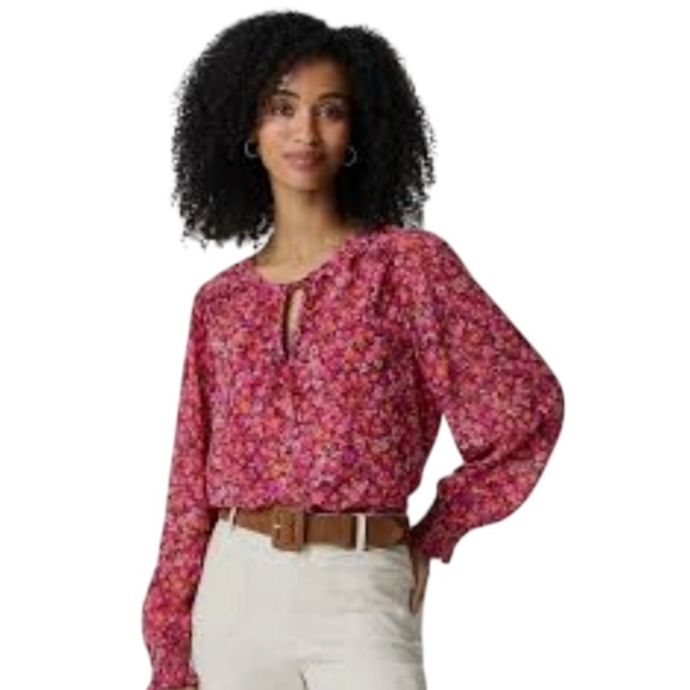 J.Crew Floral Split Neck Tie Blouse Pink Magenta Orange Smocked Cuffs XL NWT $89